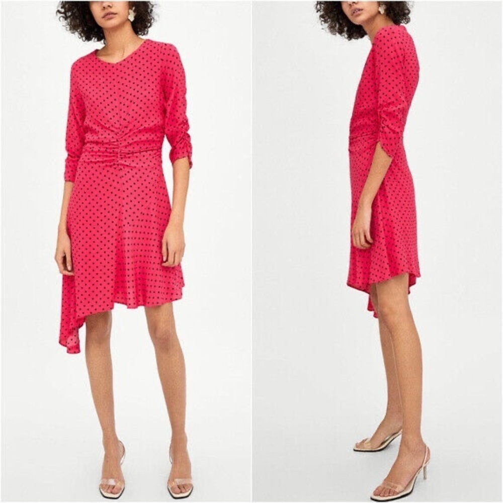 NWT ZARA Women’s Ruched Polka Dot Pink Black Asymmetric Trendy‎ Dress XS X-Small